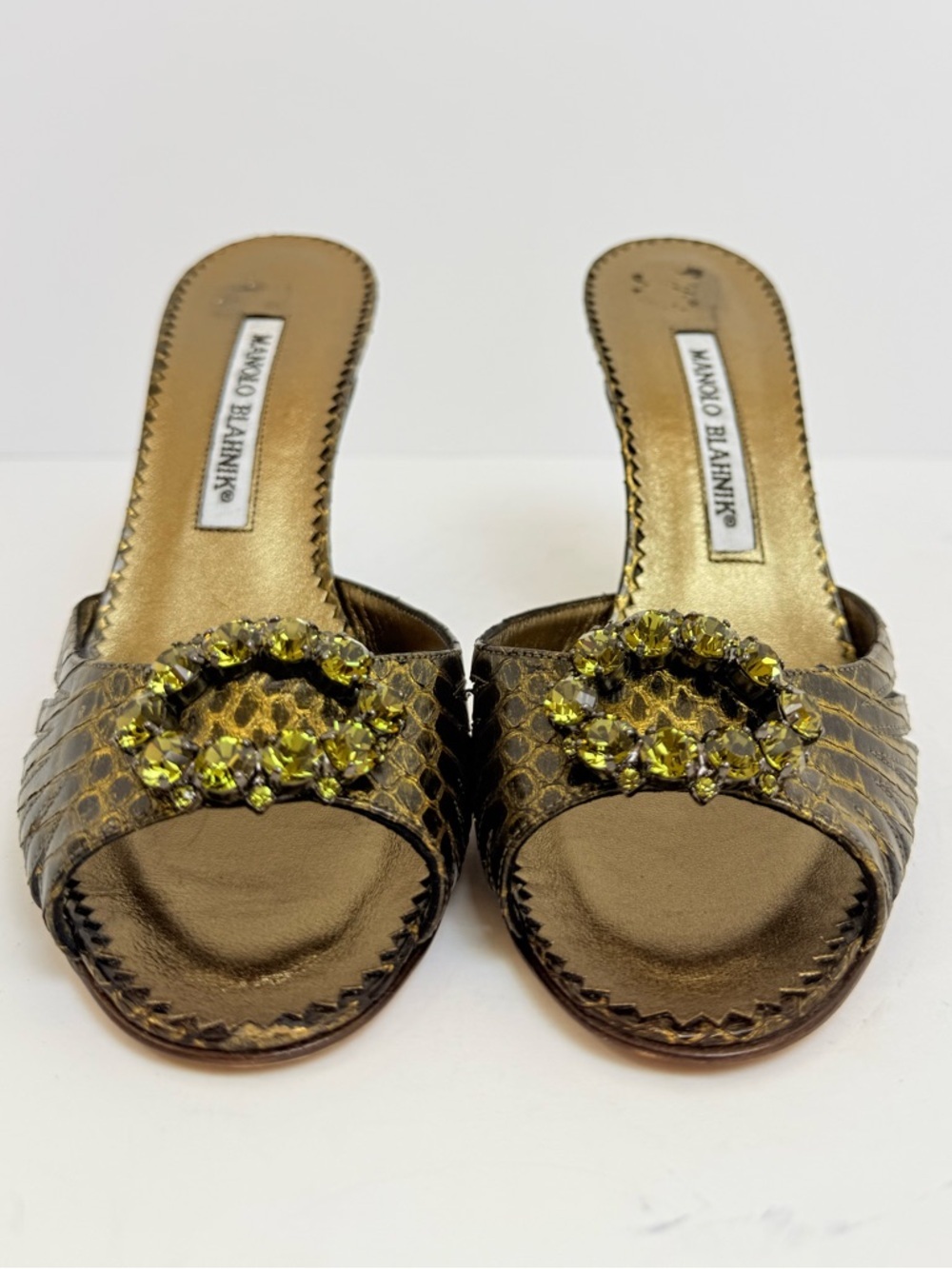 Manolo Blahnik Metallic Green snakeskin Crystal Embellished High Heel Mules 36.5 - Picture 3 of 9
